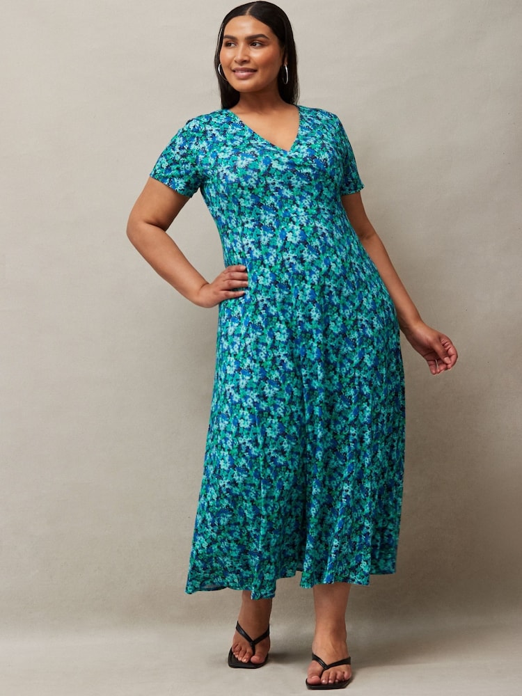 Live Unlimited Blue Ditsy Print Wrap Midi Dress - Image 1 of 5