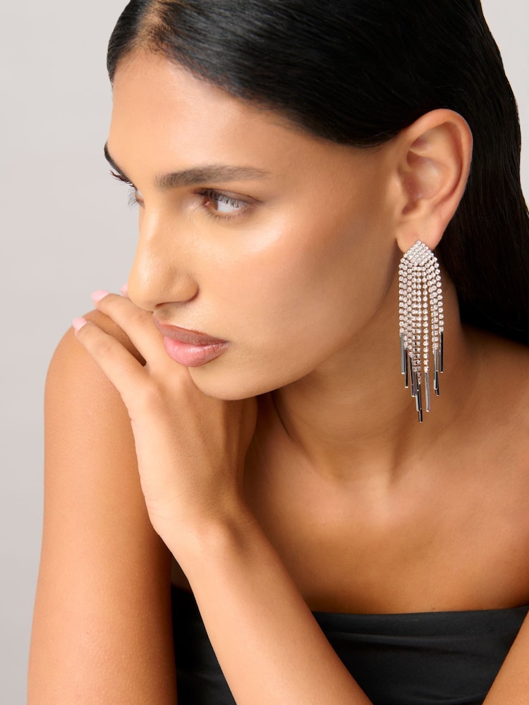 Aela Silver Tone Statement Sparkle Cup Chain Drop Earrings - Image 1 of 3