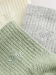 self. Sage Green/Cream/Grey Cropped Ankle Embroidered Logo Gripper Socks 3 Pack - Image 7 of 7