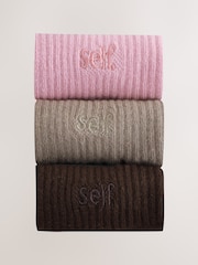 self. Black/Pink/Mocha Brown Cropped Ankle Embroidered Logo Gripper Socks 3 Pack - Image 5 of 7