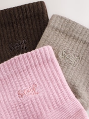 self. Black/Pink/Mocha Brown Cropped Ankle Embroidered Logo Gripper Socks 3 Pack - Image 7 of 7