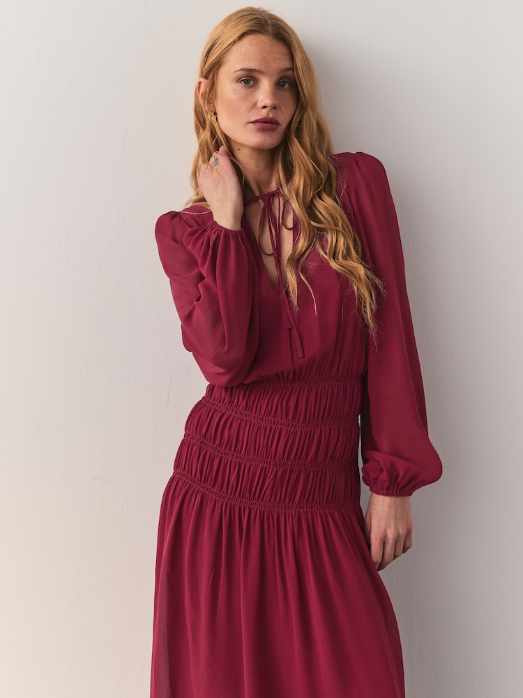 red shirred midi dress Red Shirred Sleeveless Kinsley Midi Dress