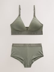 Khaki Green Cotton Logo Triangle Bralette and Shorts Set - Image 11 of 13