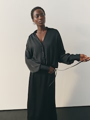 Nothing Ordinary Black Satin Button Midi Dress - Image 4 of 8