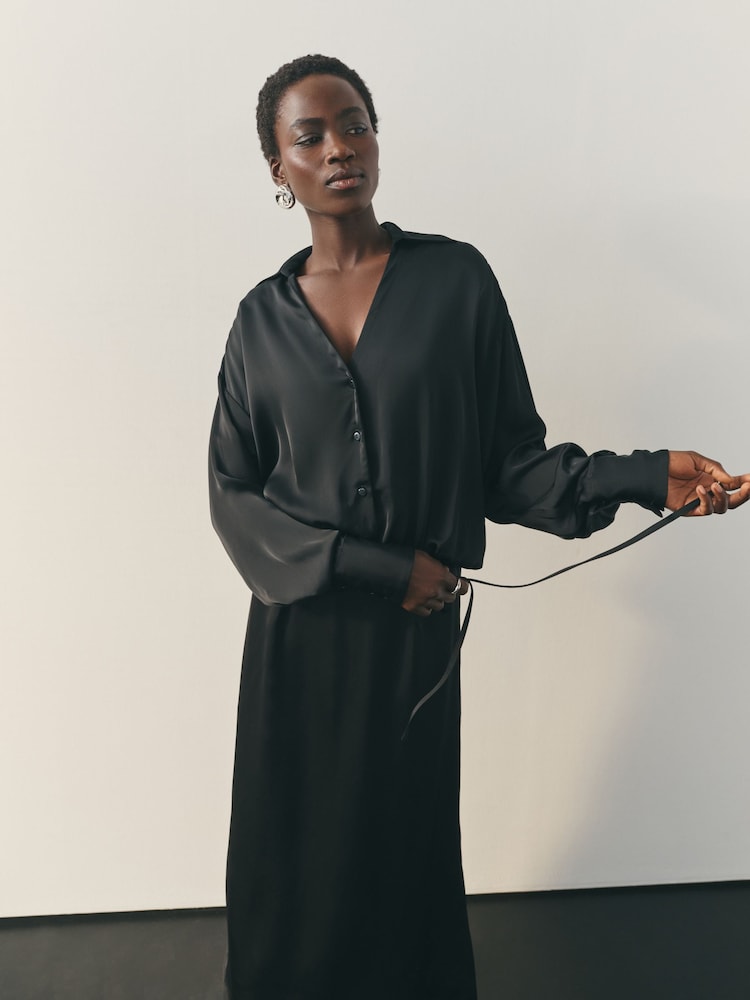 Buy Nothing Ordinary Black Satin Button Midi Dress from Next USA Buy Nothing Ordinary Black Satin Button Midi Dress from Next USA