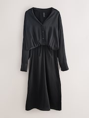 Nothing Ordinary Black Satin Button Midi Dress - Image 6 of 8