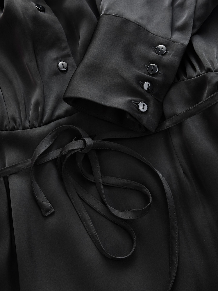 Nothing Ordinary Black Satin Button Midi Dress - Image 8 of 8