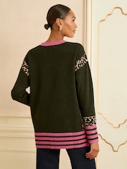 Love & Roses Khaki Green Animal Side Stripe Petite Crew Neck Cosy Jumper - Image 4 of 5