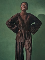 Nothing Ordinary Chocolate Brown V-Neck Plisse Long Sleeve Tie Waist Top - Image 1 of 8