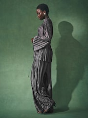 Nothing Ordinary Charcoal Grey V-Neck Plisse Long Sleeve Tie Waist Top - Image 2 of 8