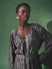 Nothing Ordinary Charcoal Grey V-Neck Plisse Long Sleeve Tie Waist Top - Image 4 of 8