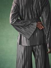 Nothing Ordinary Charcoal Grey V-Neck Plisse Long Sleeve Tie Waist Top - Image 5 of 8