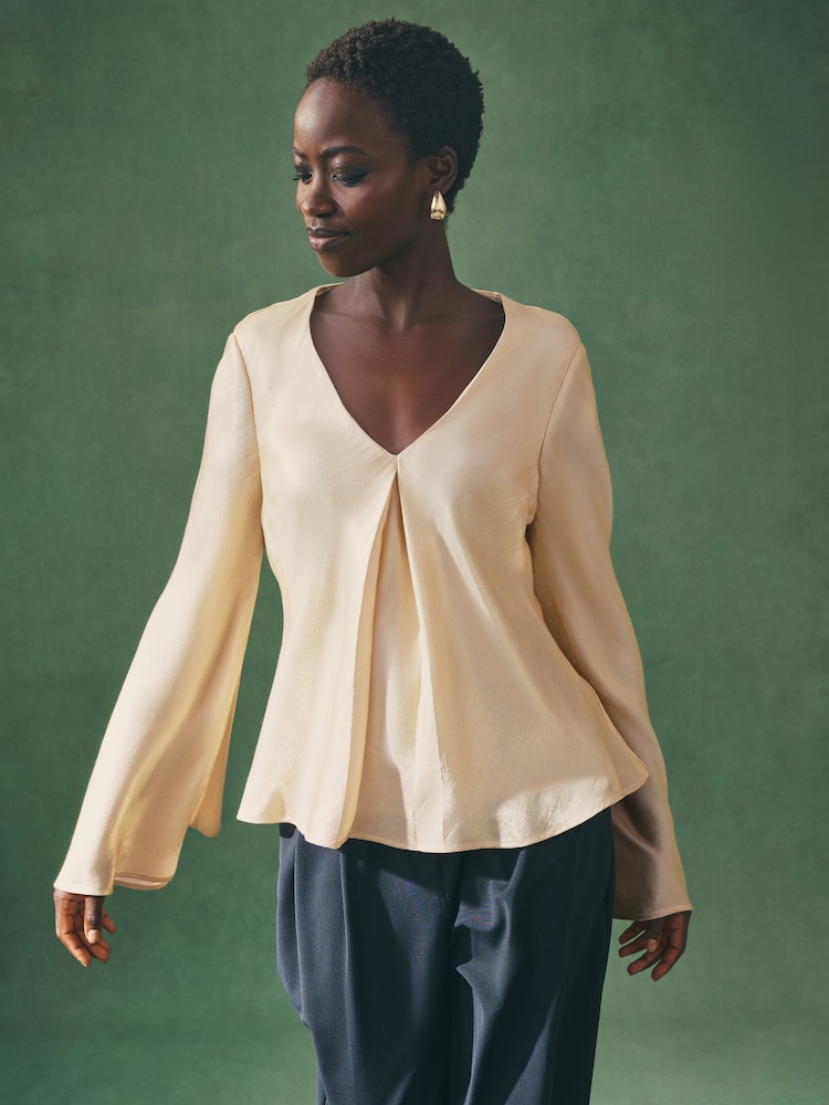 Nothing Ordinary Gold Satin Metallic Long Sleeve Blouse - Image 1 of 10 Nothing Ordinary Gold Satin Metallic Long Sleeve Blouse - Image 1 of 10