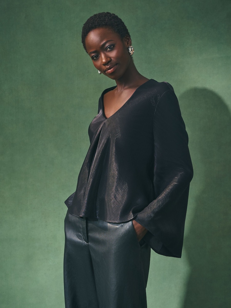 Nothing Ordinary Black Satin Metallic Long Sleeve Blouse - Image 1 of 5 Nothing Ordinary Black Satin Metallic Long Sleeve Blouse - Image 1 of 5
