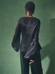 Nothing Ordinary Black Satin Metallic Long Sleeve Blouse - Image 3 of 5