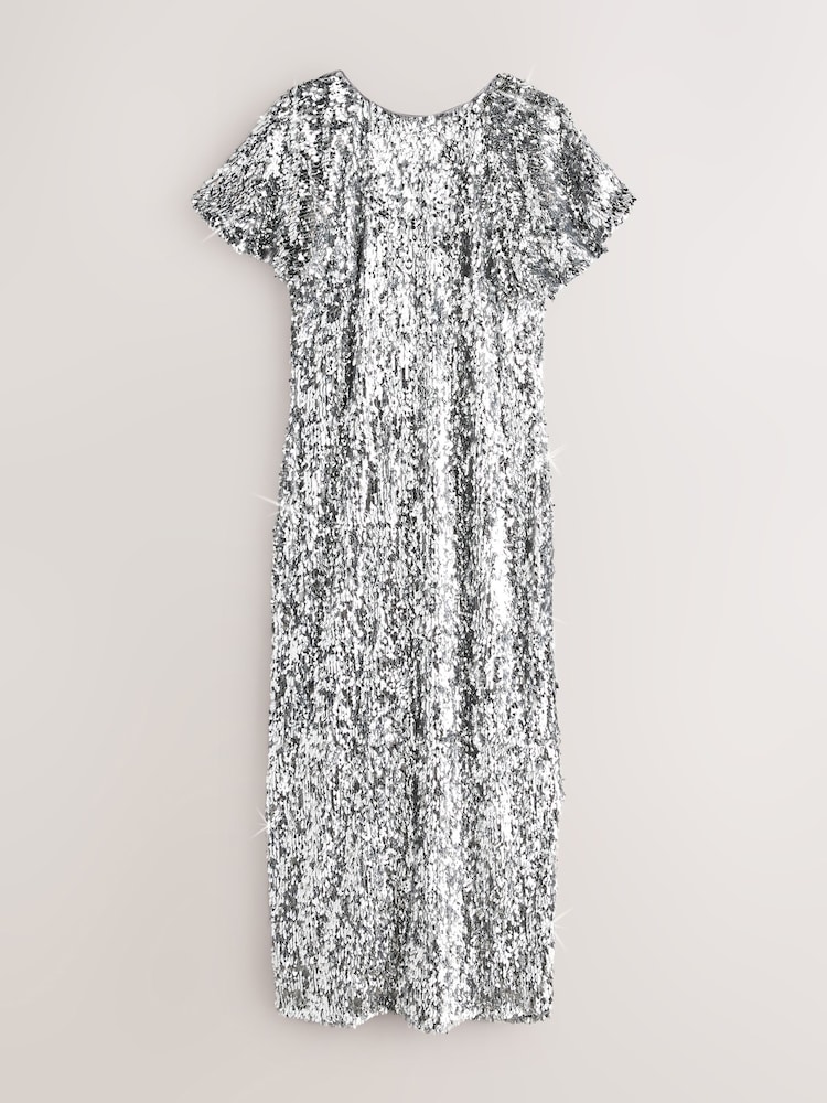 Nothing Ordinary Silver Sequin Lace Trim Flutter Sleeve Midi Dress - Image 1 of 3 Nothing Ordinary Silver Sequin Lace Trim Flutter Sleeve Midi Dress - Image 1 of 3