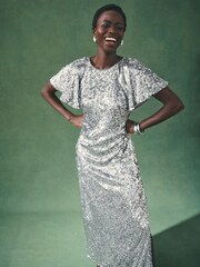 Nothing Ordinary Silver Sequin Lace Trim Flutter Sleeve Midi Dress - Image 4 of 9