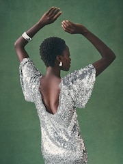 Nothing Ordinary Silver Sequin Lace Trim Flutter Sleeve Midi Dress - Image 5 of 9