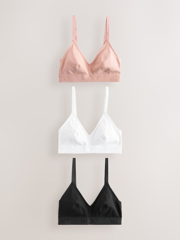 Black/White/Pink DD+ Non Pad Non Wire Cotton Ribbed Logo Bralettes 3 Pack - Image 1 of 9