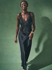 Nothing Ordinary Black Sleeveless Metallic Satin Bias Midi Slip Dress - Image 2 of 6