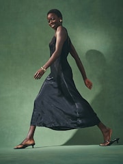 Nothing Ordinary Black Sleeveless Metallic Satin Bias Midi Slip Dress - Image 4 of 6