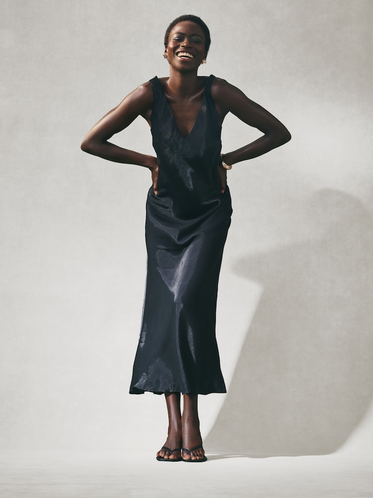 black metallic satin dress Azazie Oliana