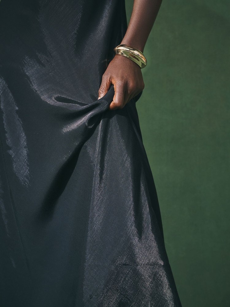 Nothing Ordinary Black Sleeveless Metallic Satin Bias Midi Slip Dress - Image 6 of 6