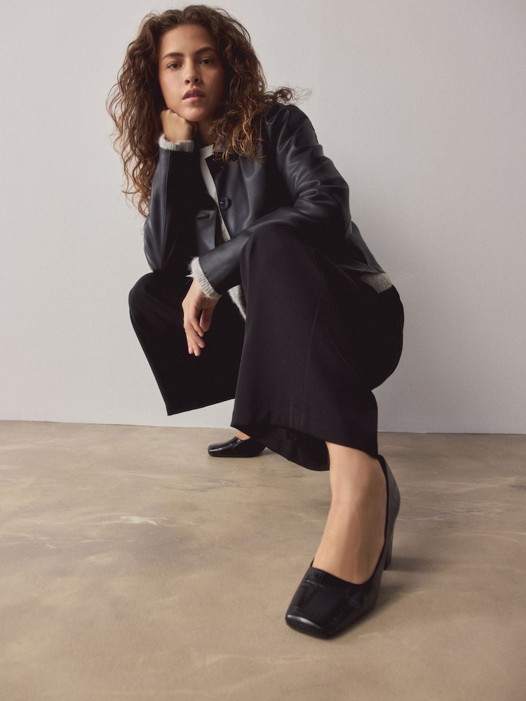 Black Croc Effect Forever Comfort® Square Toe Court Block Heels - Image 1 of 10 Black Croc Effect Forever Comfort® Square Toe Court Block Heels - Image 1 of 10