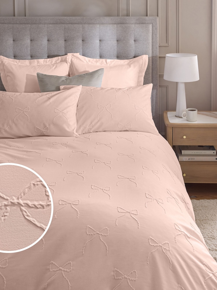 Pink Bow Textured Print Duvet Cover and Pillowcase Set - Image 1 of 5