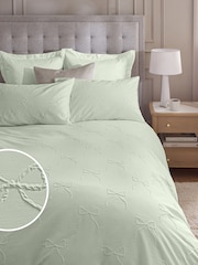 Green Sage Bow Textured Print Duvet Cover and Pillowcase Set - Image 1 of 5