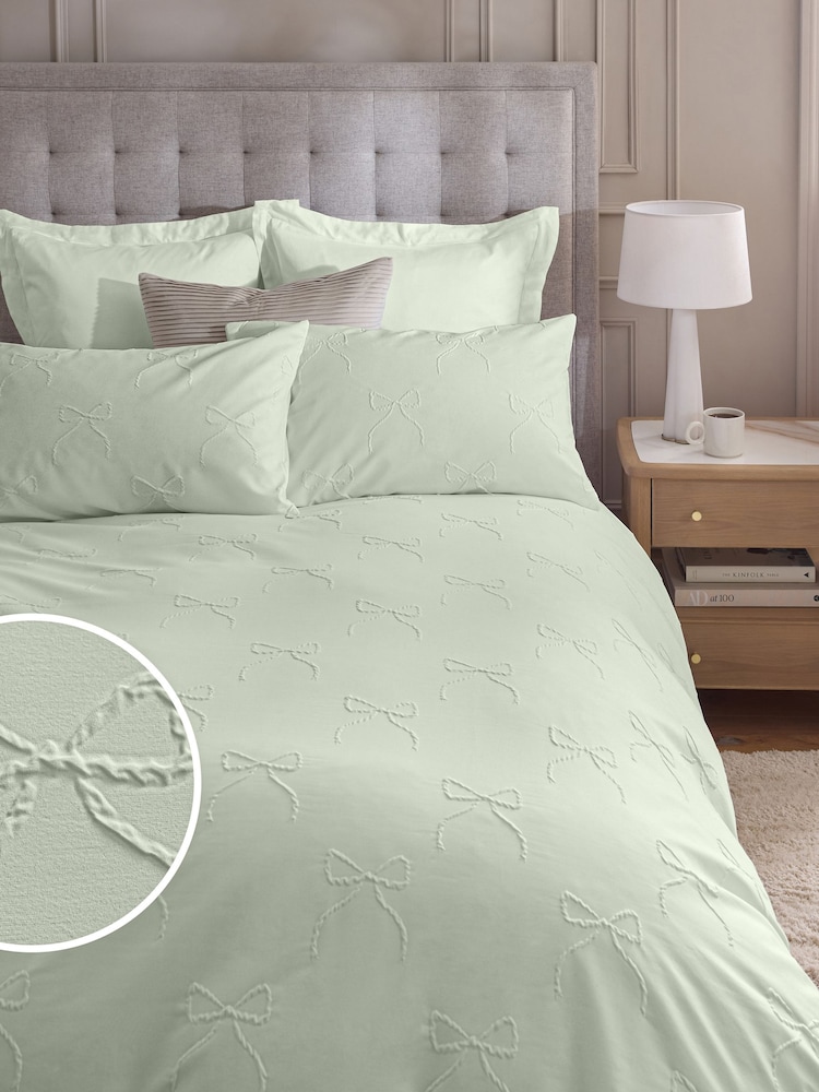 Green Sage Bow Textured Print Duvet Cover and Pillowcase Set - Image 1 of 5