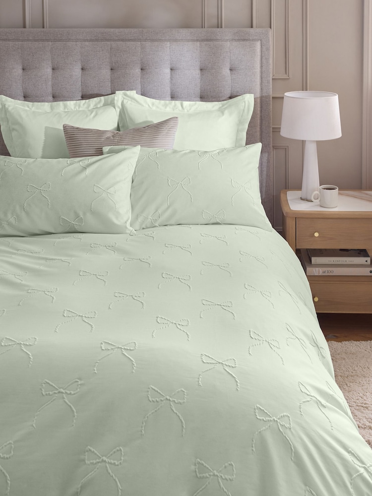 Green Sage Bow Textured Print Duvet Cover and Pillowcase Set - Image 2 of 5