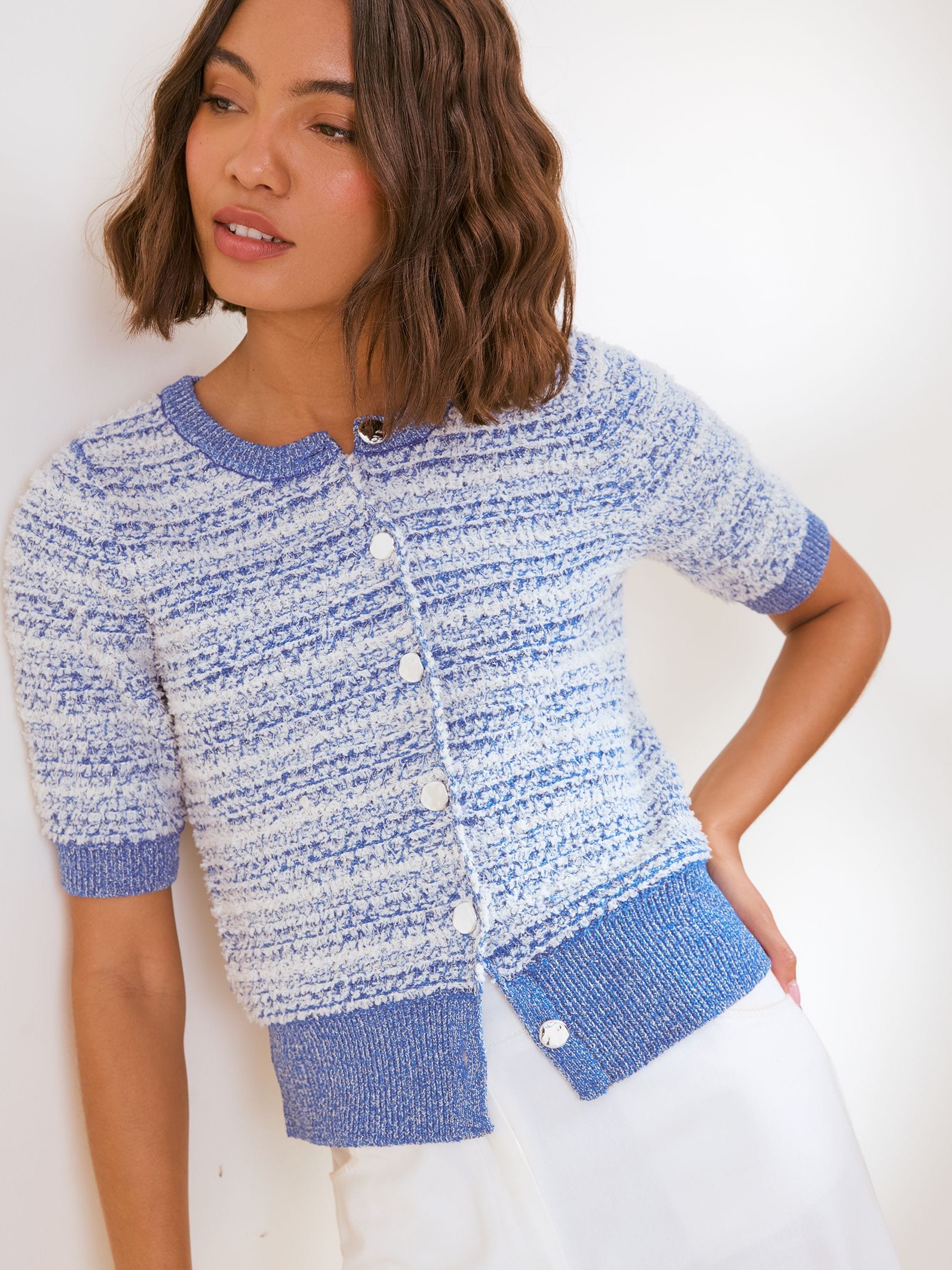 トップス N/C BOUCLE KNIT CARDIGAN Buy Friends Like These Blue Short Sleeve Boucle Cardigan from Next USA