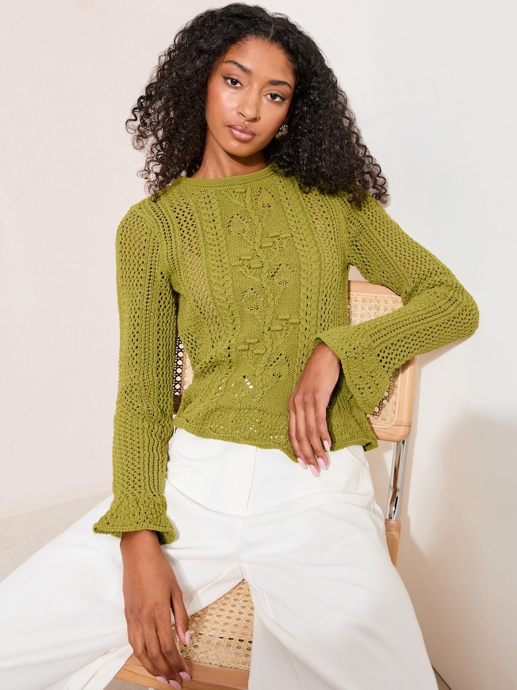 Friends Like These Olive Green Floral Detail Knit Top - Image 1 of 4