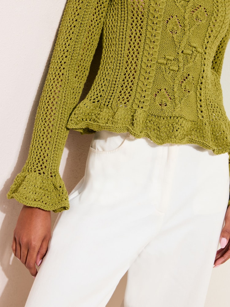 Friends Like These Olive Green Floral Detail Knit Top - Image 2 of 4