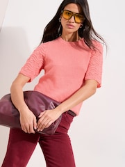 Friends Like These Coral Pink Pointelle Sleeve Knit Top - Image 1 of 4