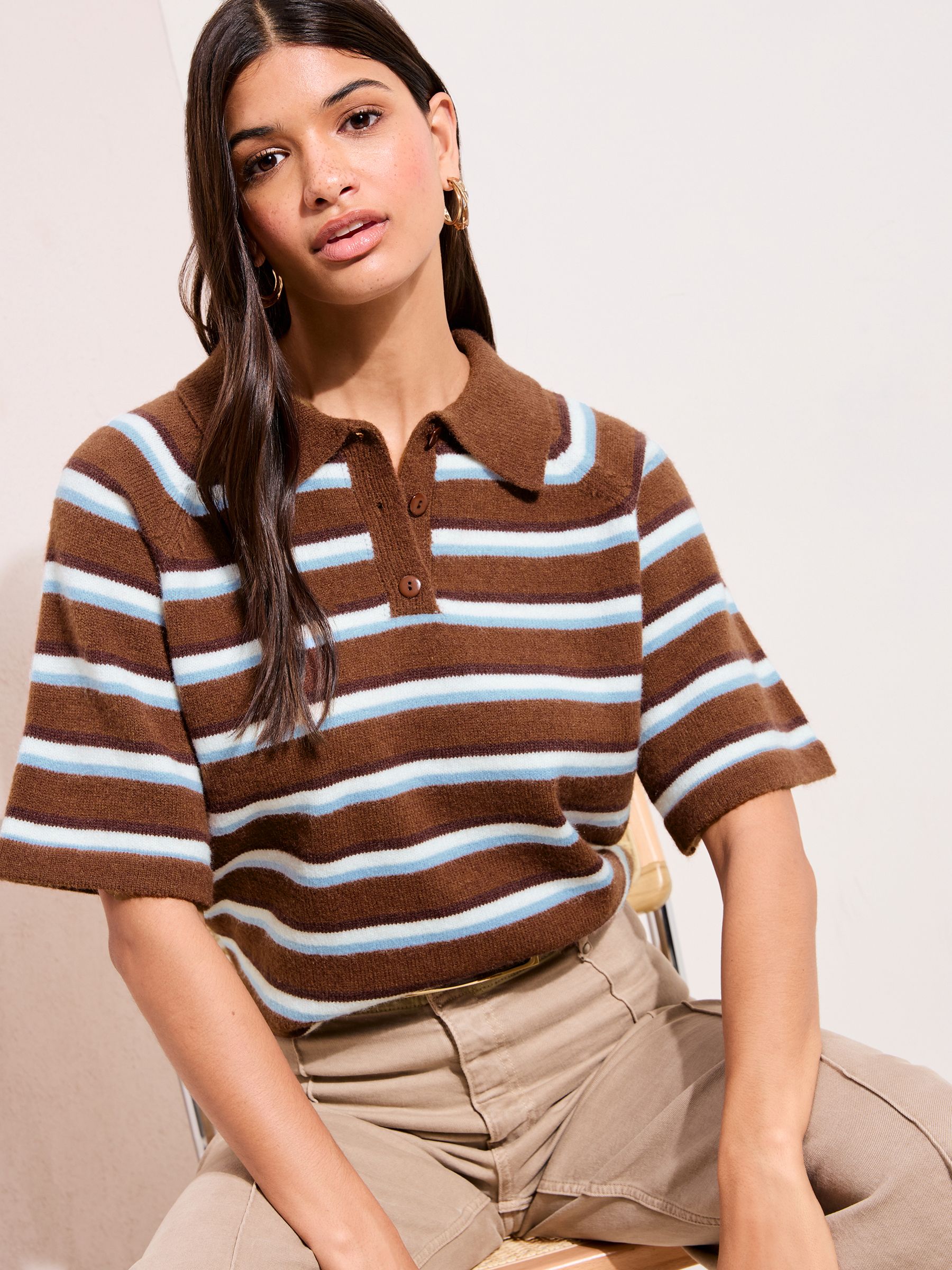 Buy Friends Like These Brown Stripe Knitted Polo Top from Next USA