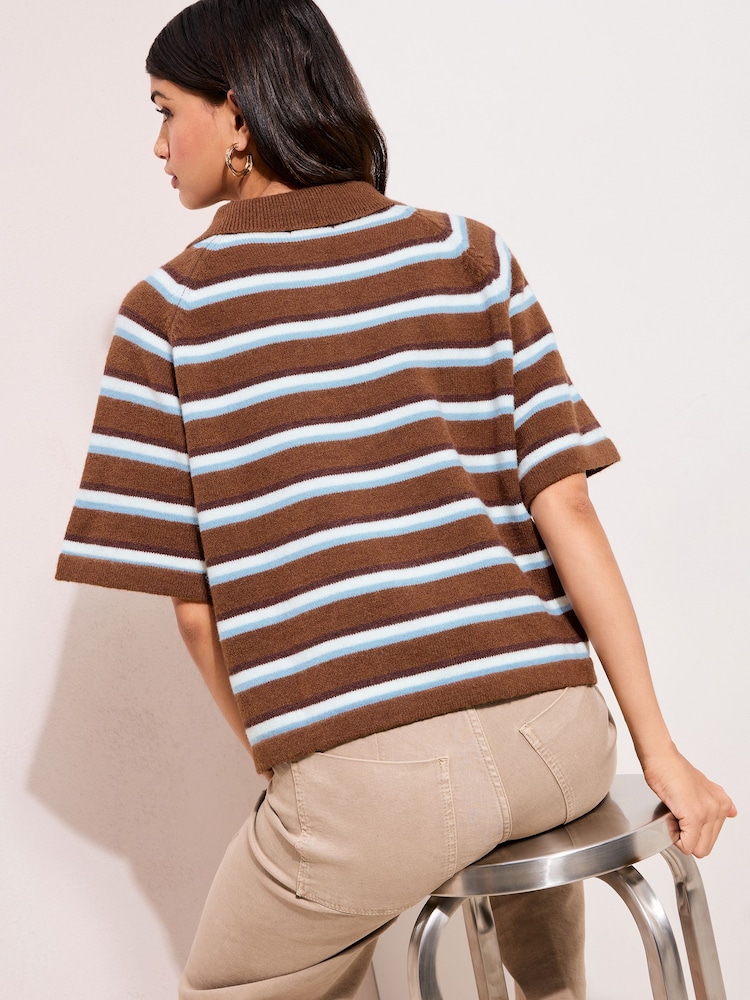 Friends Like These Brown Stripe Knitted Polo Top - Image 2 of 4
