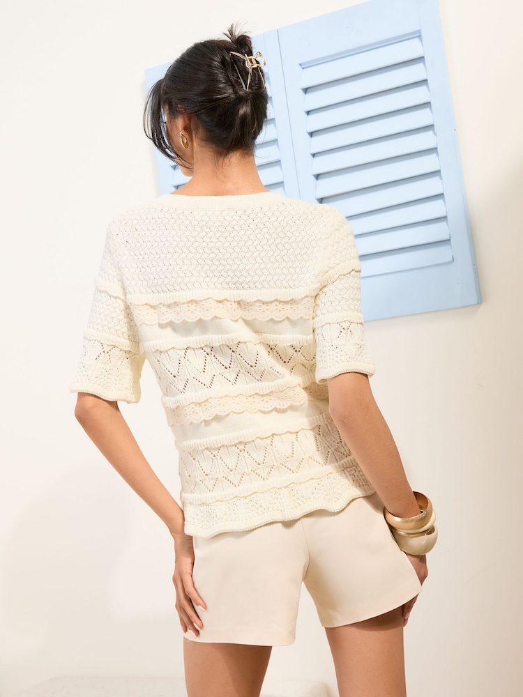 Friends Like These Cream Broderie Ruffle Trim Crochet Knitted Top - Image 4 of 4