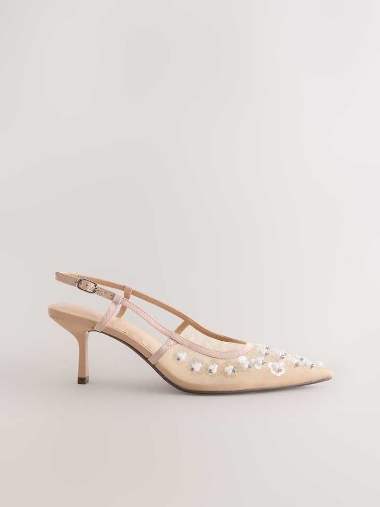 Nude Embellished Forever Comfort® Pointed Mesh Slingback Heels - Image 1 of 10 Nude Embellished Forever Comfort® Pointed Mesh Slingback Heels - Image 1 of 10