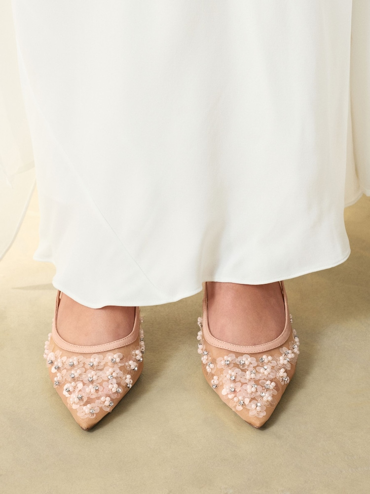 Nude Embellished Forever Comfort® Pointed Mesh Slingback Heels - Image 2 of 10 Nude Embellished Forever Comfort® Pointed Mesh Slingback Heels - Image 2 of 10