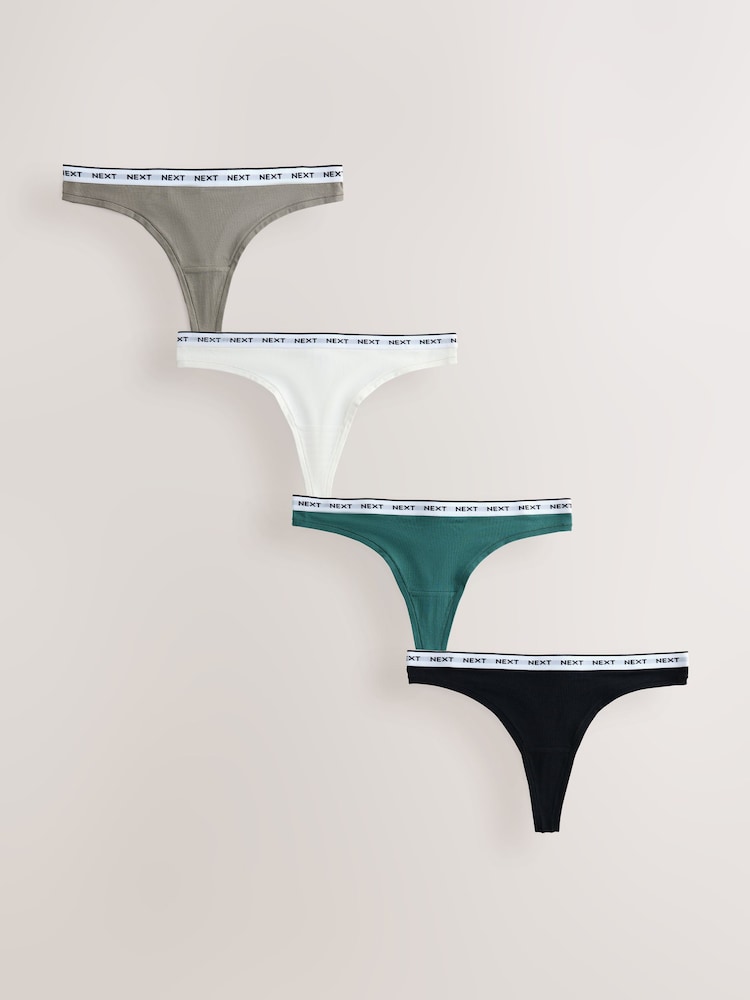 Khaki Green Thong Cotton Modal Logo Knickers 4 Pack - Image 1 of 11