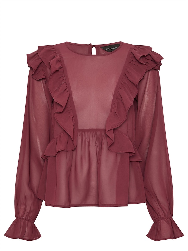PixieGirl Petite Red Petite Frill Shoulder Long Sleeve Blouse - Image 5 of 5