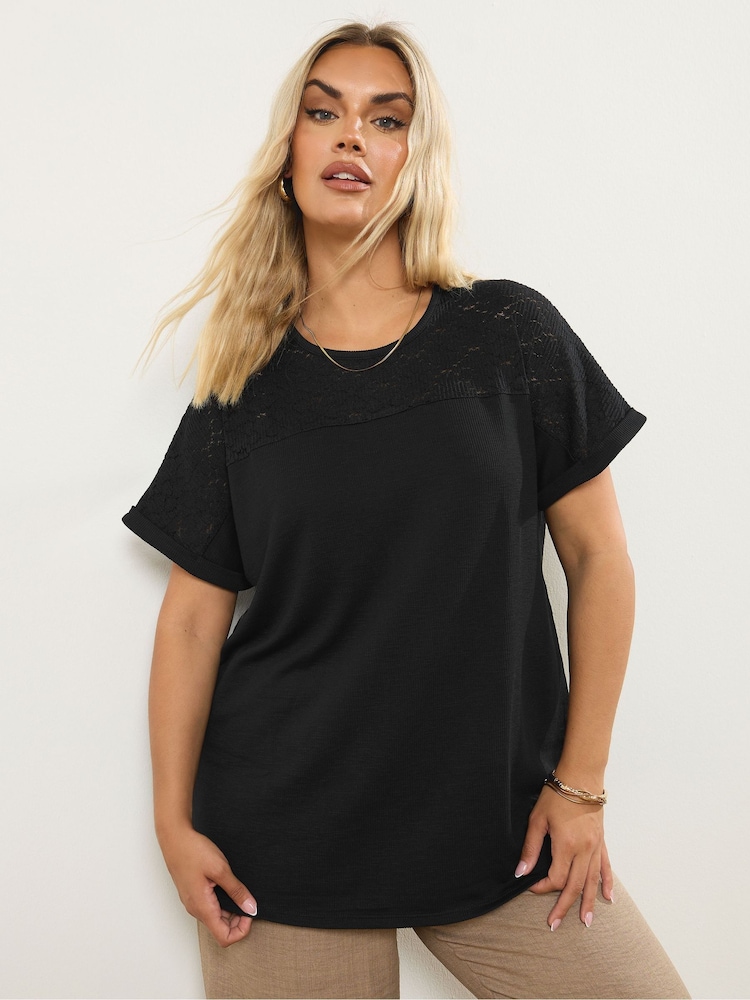 Yours Curve Black Lace Yolk Slub T-Shirt - Image 1 of 5