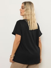 Yours Curve Black Lace Yolk Slub T-Shirt - Image 3 of 5