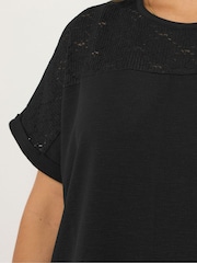 Yours Curve Black Lace Yolk Slub T-Shirt - Image 4 of 5