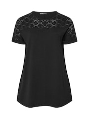 Yours Curve Black Lace Yolk Slub T-Shirt - Image 5 of 5