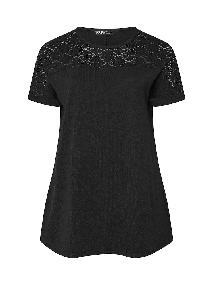 Yours Curve Black Lace Yolk Slub T-Shirt - Image 5 of 5