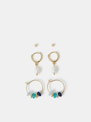 Accessorize Gold Tone 14ct Stud and Pearl Hoop Earrings 3 Pack - Image 1 of 3