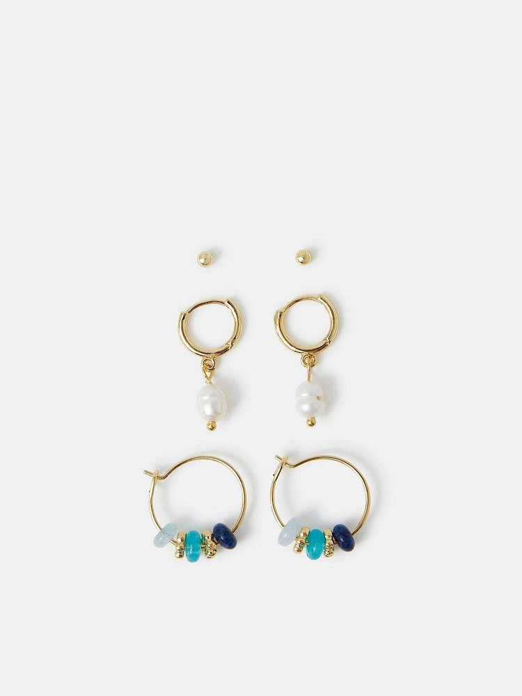 Accessorize Gold Tone 14ct Stud and Pearl Hoop Earrings 3 Pack - Image 1 of 3 Accessorize Gold Tone 14ct Stud and Pearl Hoop Earrings 3 Pack - Image 1 of 3